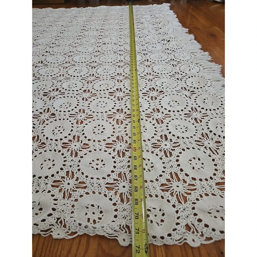 Vintage Hand Crocheted‎ Ecru Tablecloth or Coverlet Beadspread 72 × 65